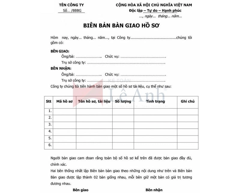 Mẫu biên bản bàn giao hồ sơ