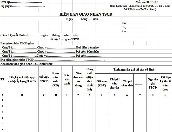 Mẫu biên bản bàn giao TSCĐ theo Thông tư 133
