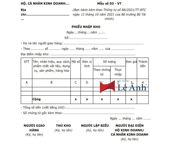 phiếu nhập kho tt88