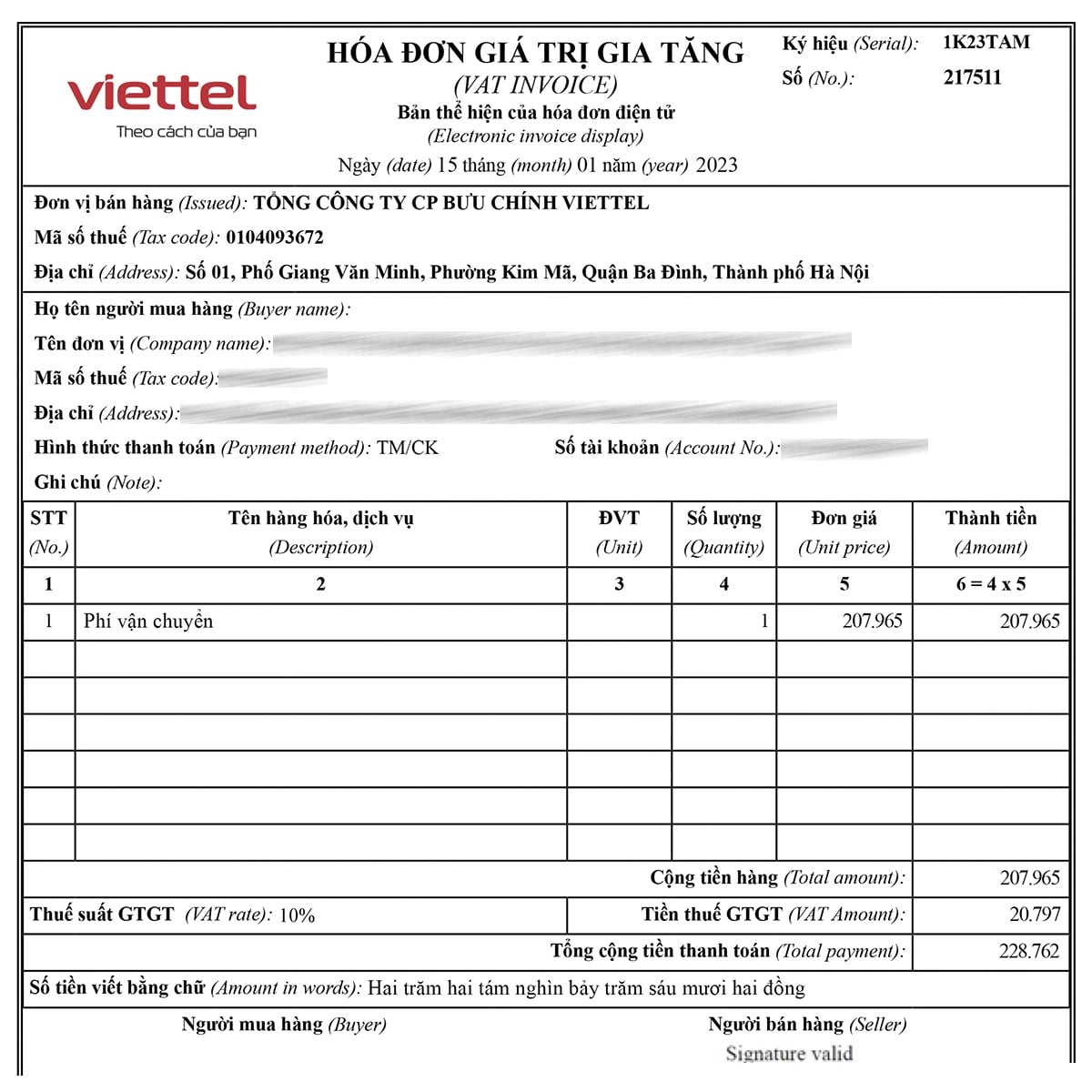 Mẫu hóa đơn điện tử không có mã của cơ quan thuế