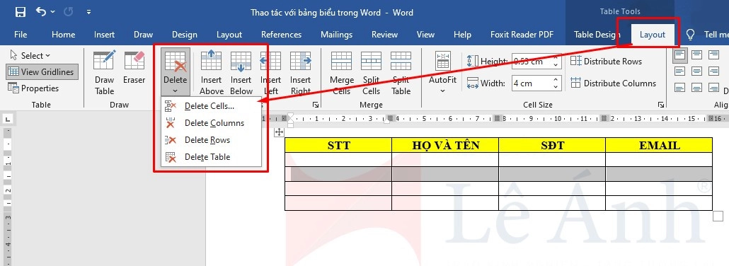 Cách xóa cột/ dòng trong Word