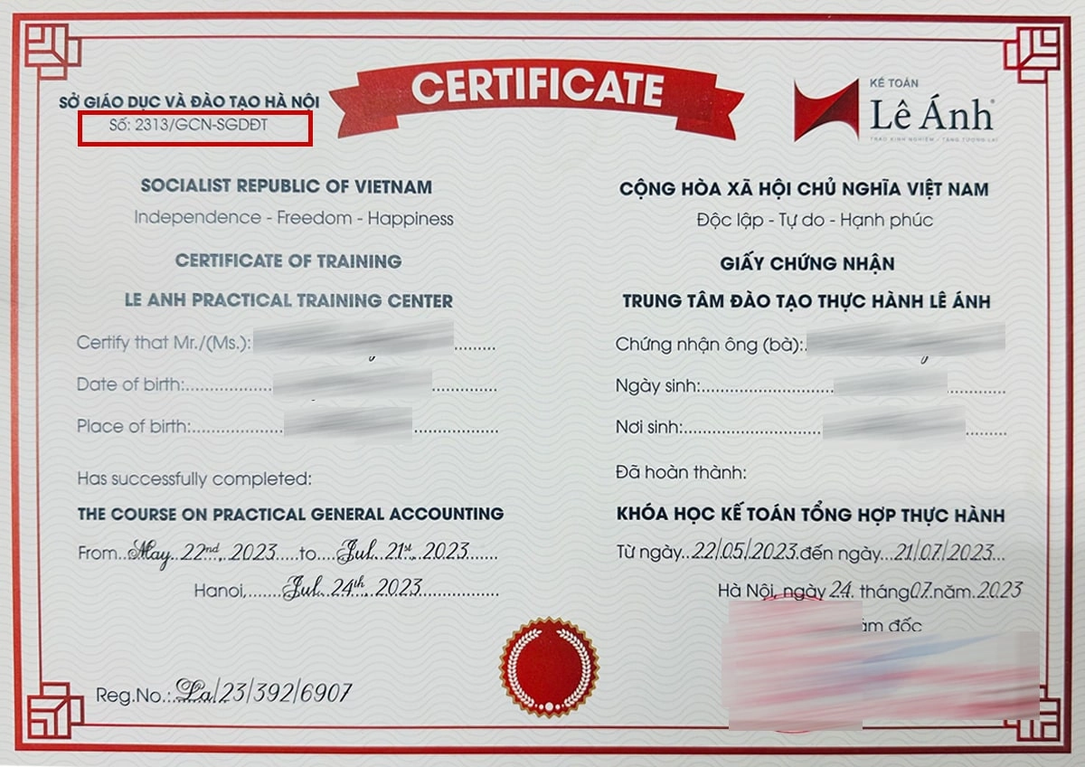Chứng chỉ khóa học kế toán tổng hợp