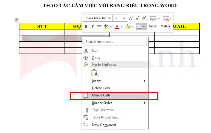 Gộp dòng/ cột trong word