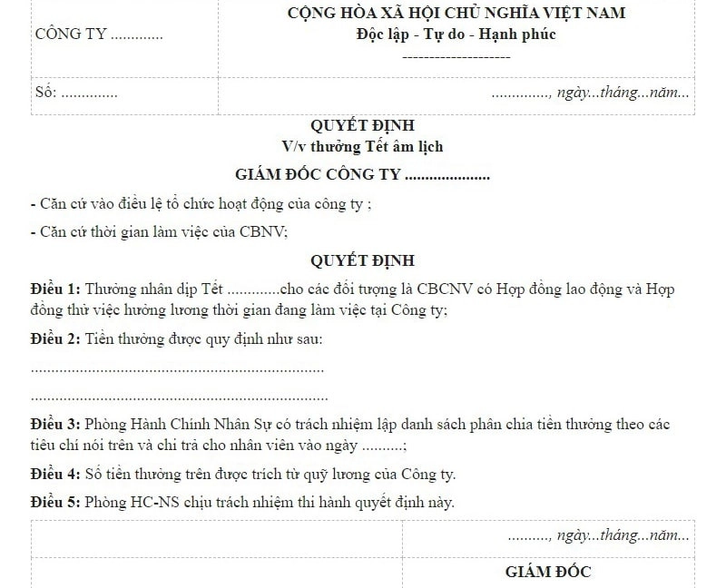 Mẫu quyết định thưởng Tết