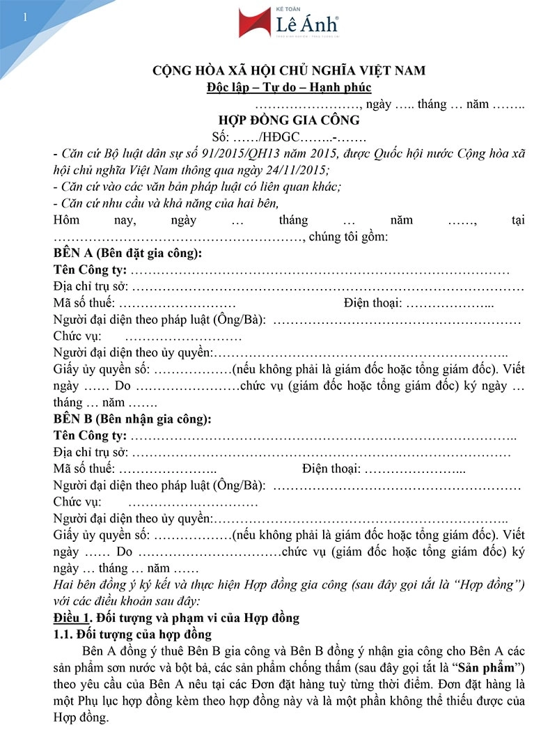 Mẫu hợp đồng gia công 1