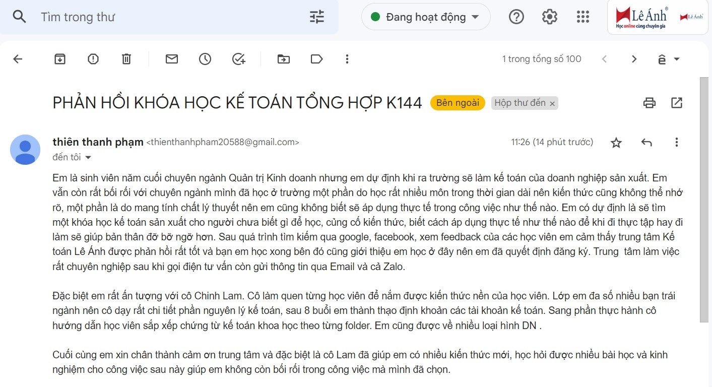 Phản hồi Khóa học Kế toán tổng hợp