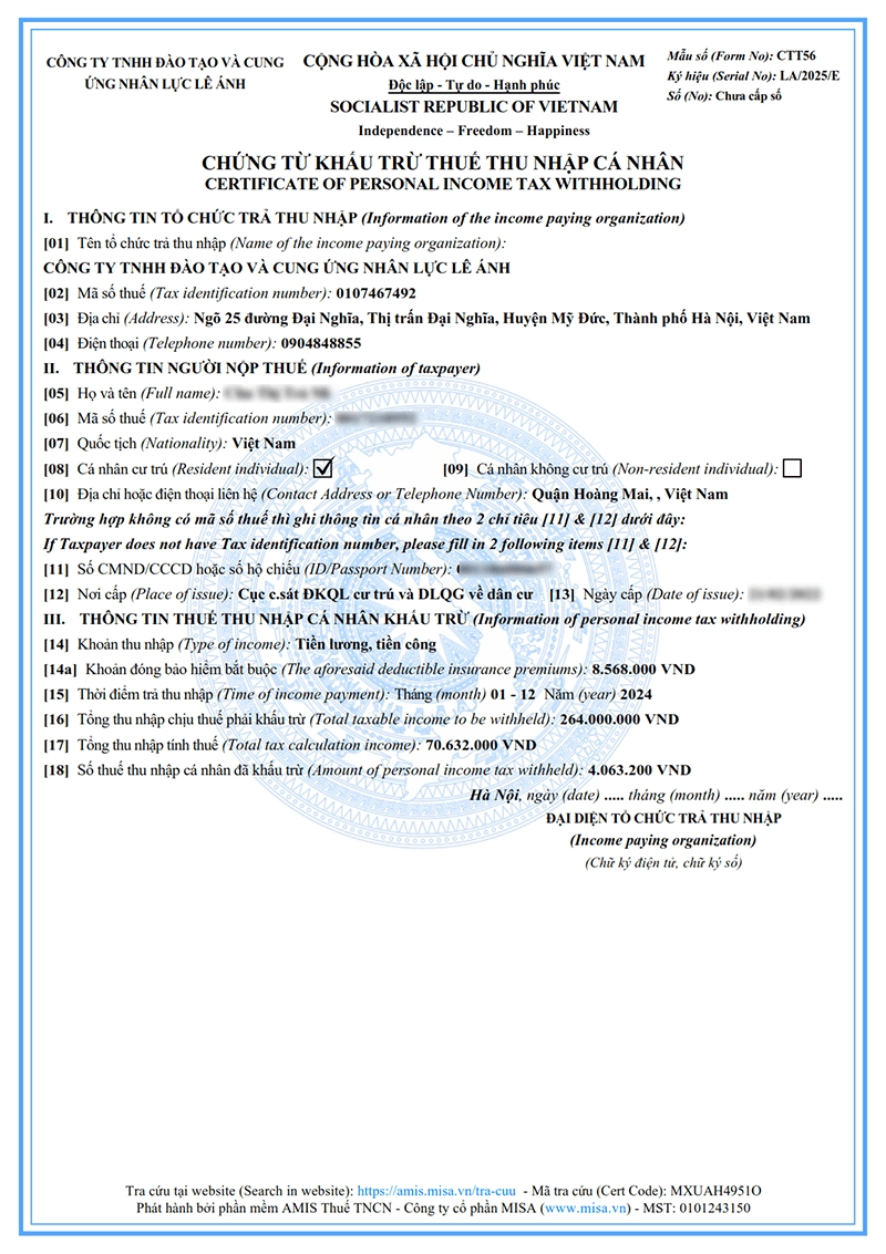 Mẫu chứng từ khấu trừ thuế TNCN điện tử