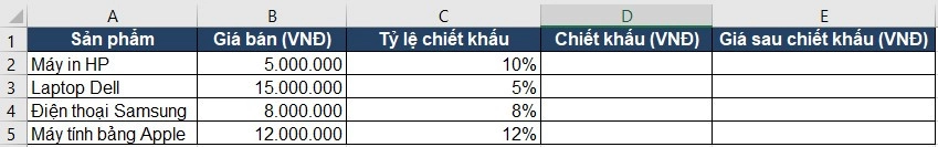 Ví dụ cách tính chiết khấu phần trăm trong excel