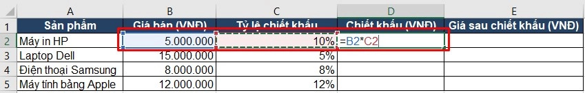Cách tính chiết khấu phần trăm trong excel