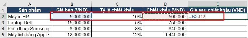 Cách tính chiết khấu phần trăm trong excel