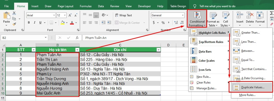 Xóa dữ liệu trùng lặp trong Excel