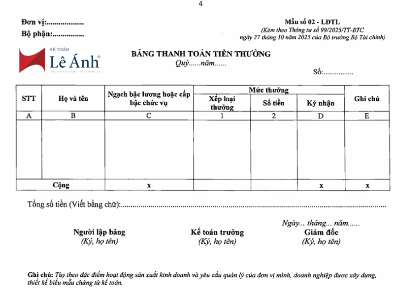 Mẫu Bảng Thanh Toán Tiền Thưởng