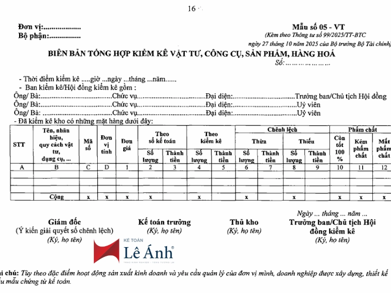 Mãu Biên Bản Tổng Hợp Kiểm Kê Vật Tư, Công Cụ, Sản Phẩm, Hàng Hóa
