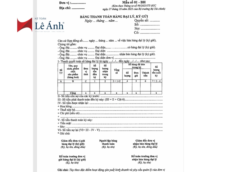 Mẫu Bảng Thanh Toán Hàng Đại Lý, Ký Gửi