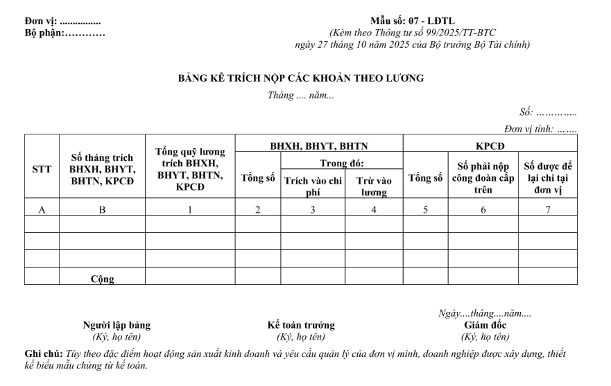 Bảng kê trích nộp theo lương