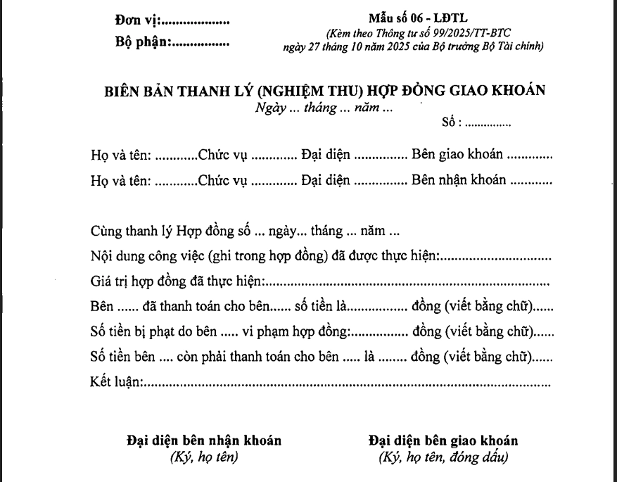 Biên bản thanh lý công việc giao khoán