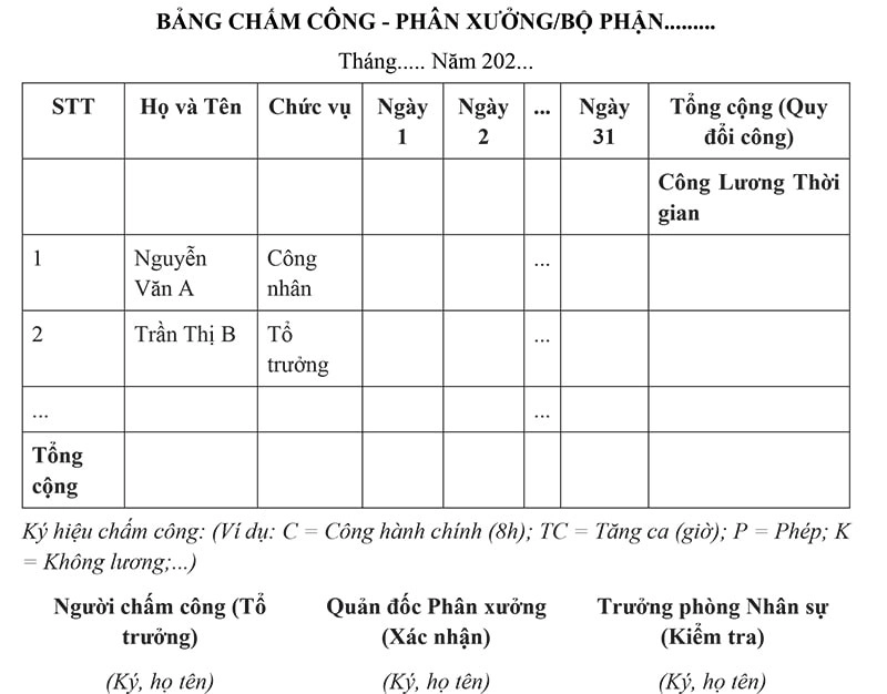 Mẫu bảng chấm công