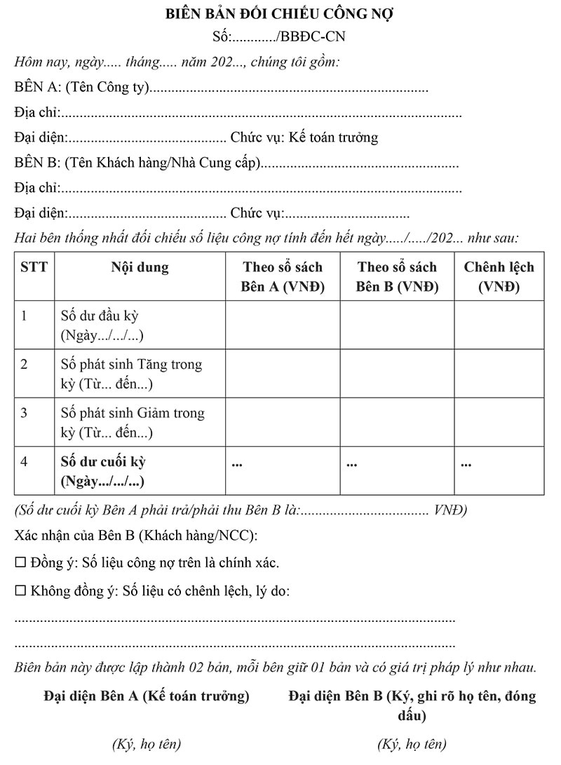 Mẫu biên bản đối chiếu công nợ