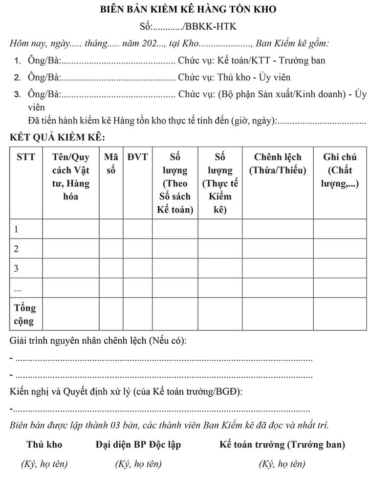 Mẫu biên bản kiểm kê hàng tồn kho