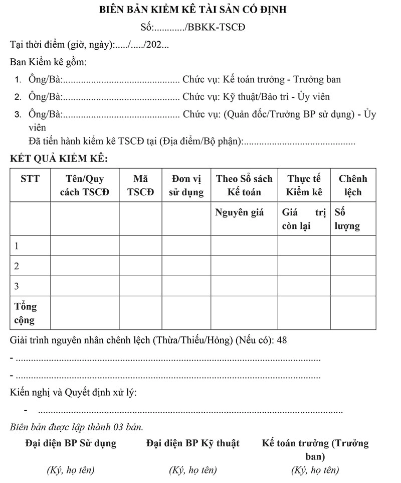 Mẫu biên bản kiểm kê TSCĐ