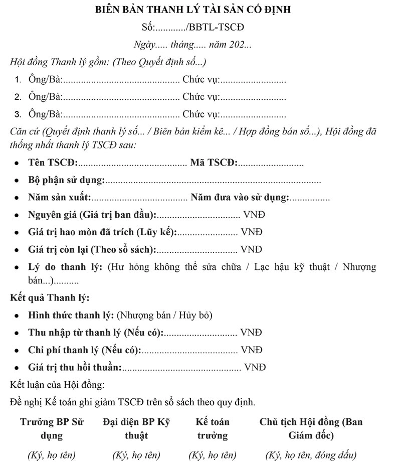 Mẫu biên bản thanh lý TSCĐ