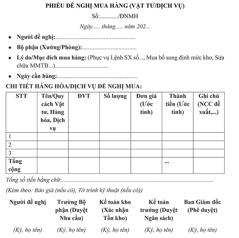 Mẫu phiếu đề nghị mua hàng (vật tư/ dịch vụ)