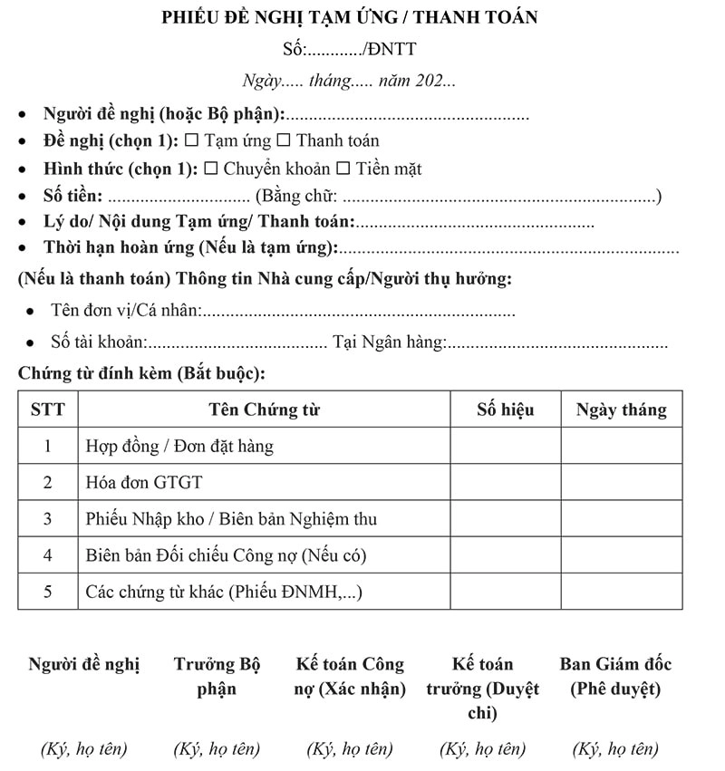 Mẫu phiếu đề nghị tạm ứng thanh toán
