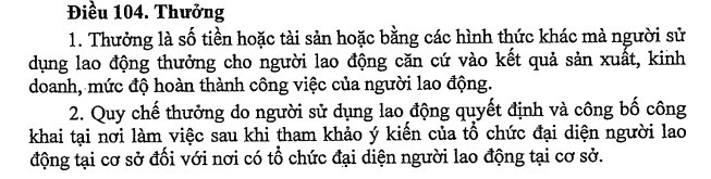 Quy định về Thưởng trong Bộ Luật lao động 2019