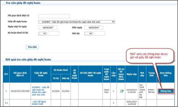 Tra cứu giấy đề nghị hoàn thuế