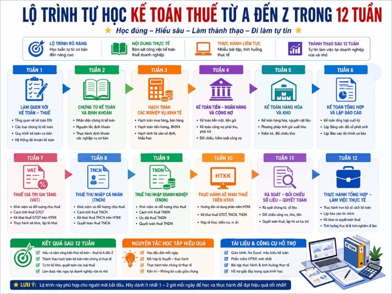 trình học kế toán thuế cho người mới gồm 4 giai đoạn từ nền tảng đến quyết toán thực tế