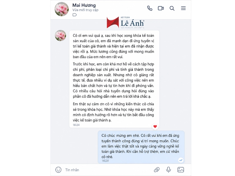 phản hồi học viên khóa học kế toán sản xuất mai hương
