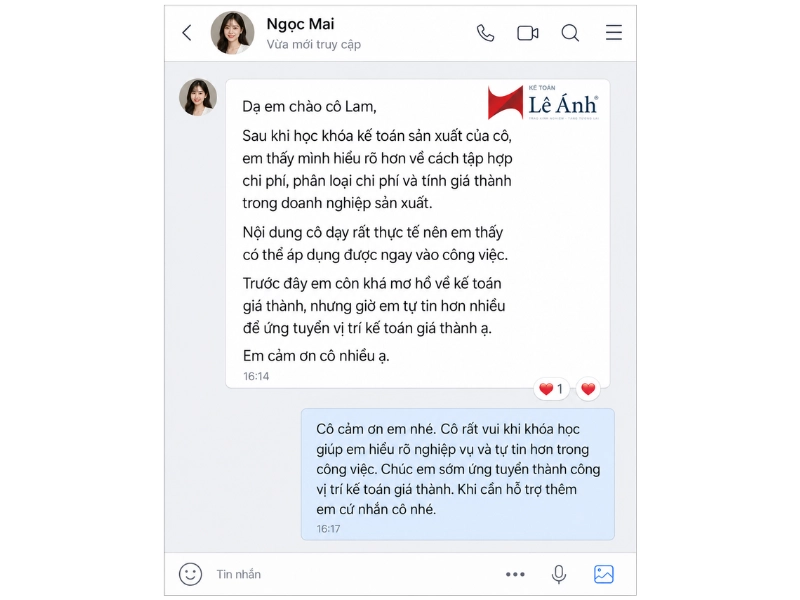 phản hồi học viên khóa học kế toán sản xuất