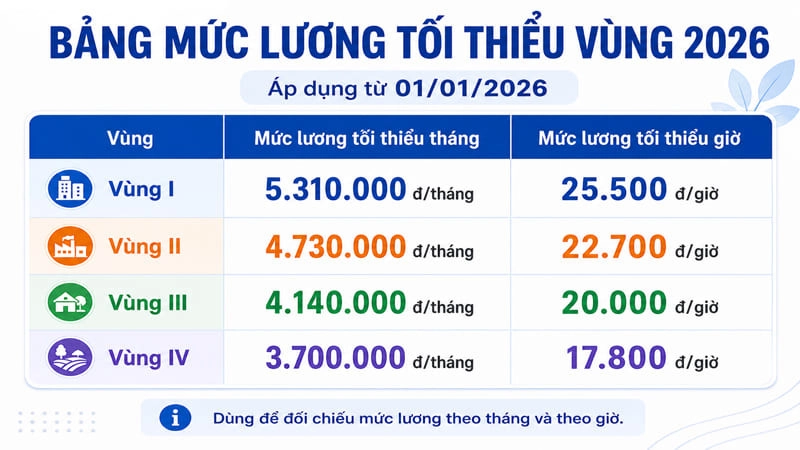 Bảng mức lương tối thiểu vùng 2026
