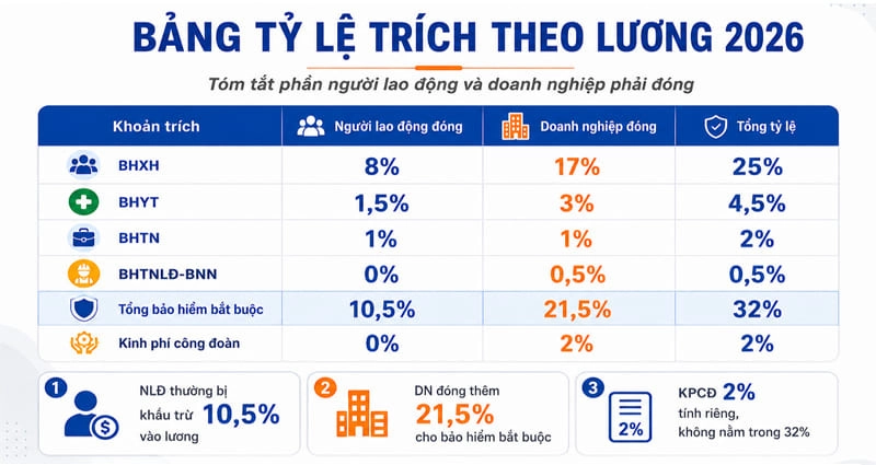Bảng Tỷ lệ các khoản trích theo lương 2026