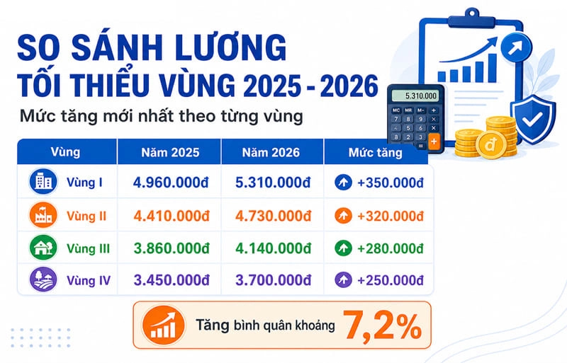 So sánh lương tối thiểu vùng 2025 và 2026