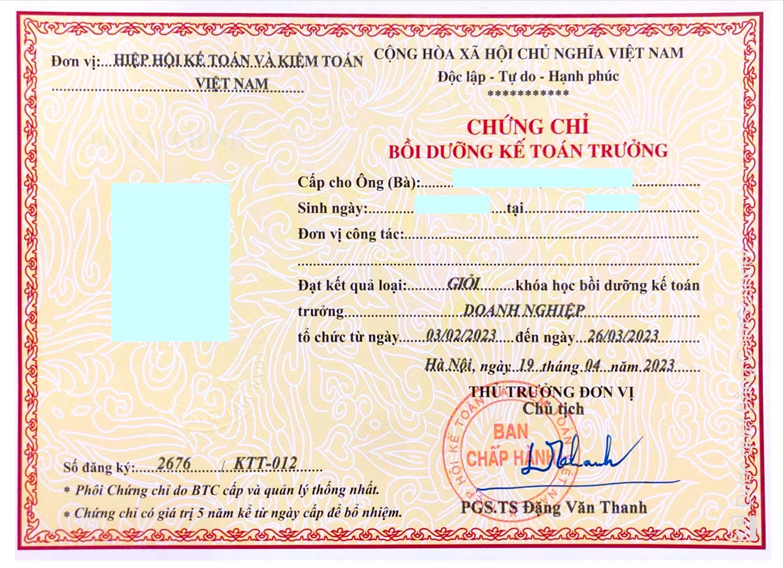 mẫu chứng chỉ kế toán trưởng phôi Bộ Tài chính do VAA cấp