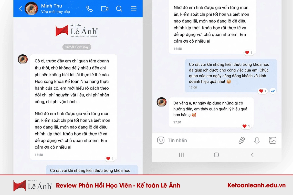 Phản hồi học viên khóa học kế toán nhà hàng