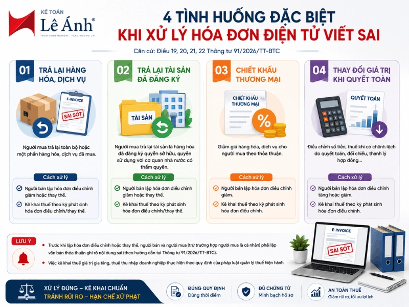 4 tình huống đặc biệt khi xử lý hóa đơn điện tử viết sai gồm trả lại hàng, trả lại tài sản, chiết khấu thương mại và thay đổi giá trị khi quyết toán