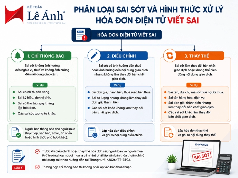 Phân loại sai sót hóa đơn điện tử và cách xử lý bằng thông báo, điều chỉnh hoặc thay thế