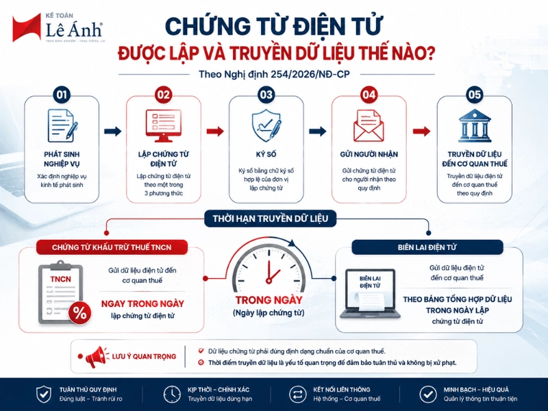 Quy trình lập và truyền dữ liệu chứng từ điện tử đến cơ quan thuế theo Nghị định 254/2026/NĐ-CP