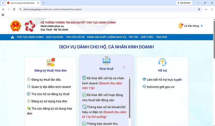 Hình 3. Danh mục dịch vụ khai thuế, trong đó có mục kê khai dành cho hộ kinh doanh doanh thu năm trên 1 tỷ đồng