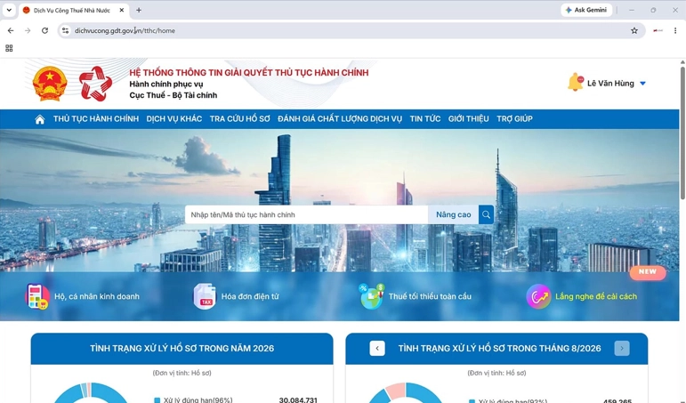 Hình 1. Trang chủ Cổng Dịch vụ công của Cục Thuế và lối vào nhóm dịch vụ dành cho hộ, cá nhân kinh doanh