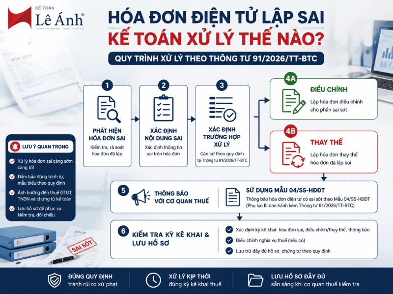 Quy trình xử lý hóa đơn điện tử lập sai theo Thông tư 91/2026/TT-BTC