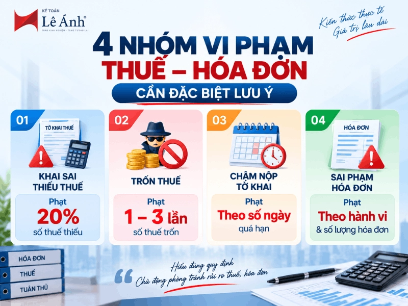 Cần Đặc Biệt Lưu Ý 4 nhóm vi phạm thuế hóa đơn gồm khai sai thiếu thuế, trốn thuế, chậm nộp tờ khai và sai phạm hóa đơn