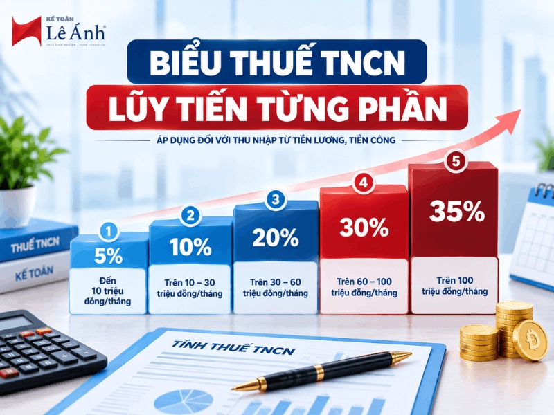 Biểu thuế TNCN lũy tiến từng phần 5 bậc với các mức thuế suất từ 5% đến 35%