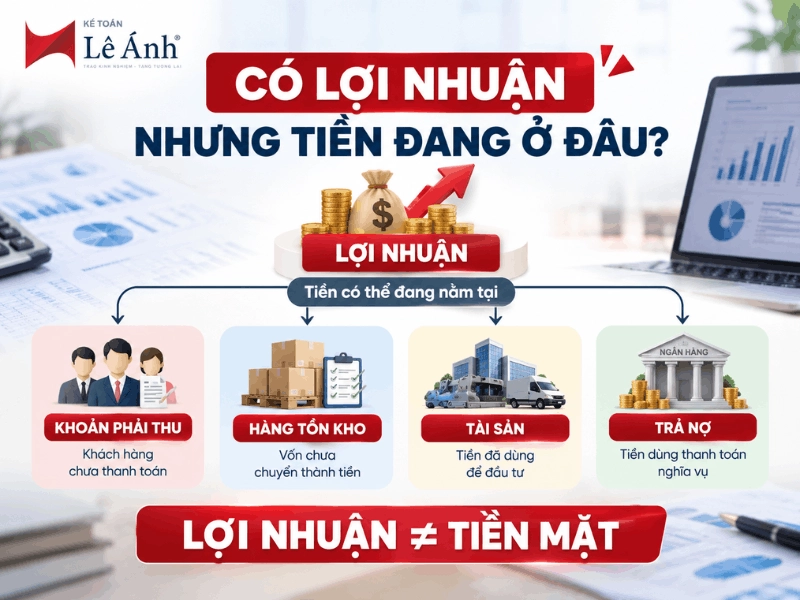 Lợi nhuận không đồng nghĩa với tiền mặt, tiền có thể nằm ở khoản phải thu, hàng tồn kho và tài sản