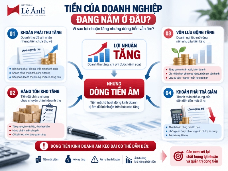 Nguyên nhân lợi nhuận tăng nhưng dòng tiền âm do khoản phải thu, hàng tồn kho và vốn lưu động