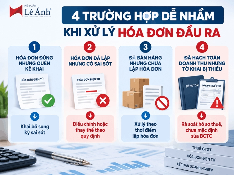 Bốn trường hợp dễ nhầm khi xử lý hóa đơn đầu ra gồm quên kê khai, hóa đơn sai, chưa lập hóa đơn và thiếu tờ khai
