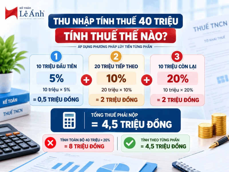 Ví dụ cách tính thuế TNCN lũy tiến từng phần với thu nhập tính thuế 40 triệu đồng