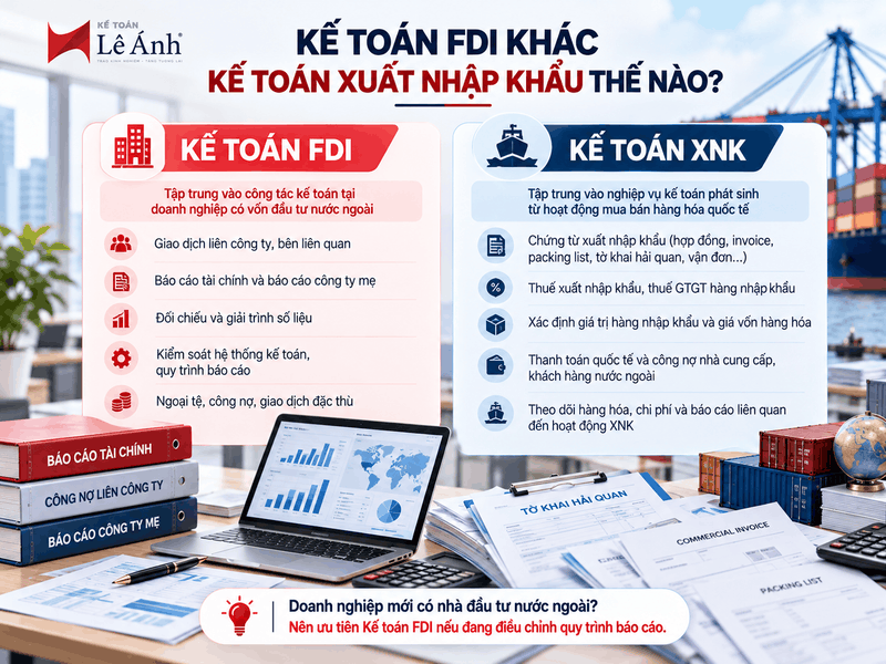 Infographic so sánh Kế toán FDI và Kế toán Xuất nhập khẩu về phạm vi nghiệp vụ, báo cáo tài chính, chứng từ hải quan và thuế XNK tại Kế toán Lê Ánh